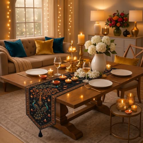 Image of Dining Table Runner -Diwali Peacock Printed Theme,Digital Print, Washable, Indoor /Outdoor, Heat-Proof, Wipe & Clean (135X33 cm) Navy & Orange