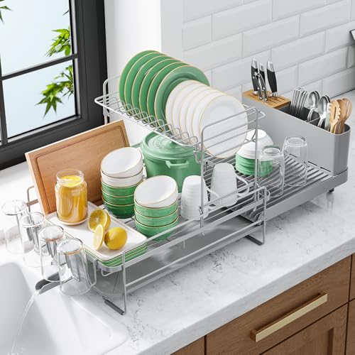 Image of Kitsure Extendable Dish Drying Rack, 19.2 inch-26.7 inch L x 12.9 inch W, 2-Tier | Large Dish Rack, Multifunctional Dish Rack for Kitchen Counter, Anti-Rust Dish Drainers with Cutlery & Cup Holders,Grey
