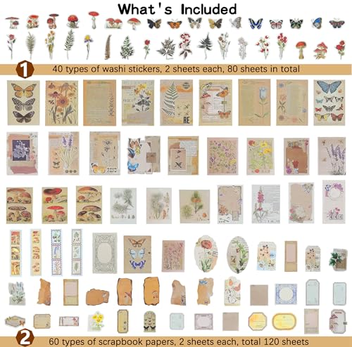 image for QKilisy 200Pcs Scrapbook Supplies for Bullet Journals, Vintage Scrapbo