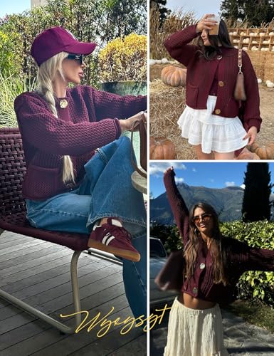 Image of Wyeysyt Womens Cropped Cardigan Sweaters Chunky Knit Gold Button Down Open Front Cardigan Long Sleeve Crop Crochet Sweaters