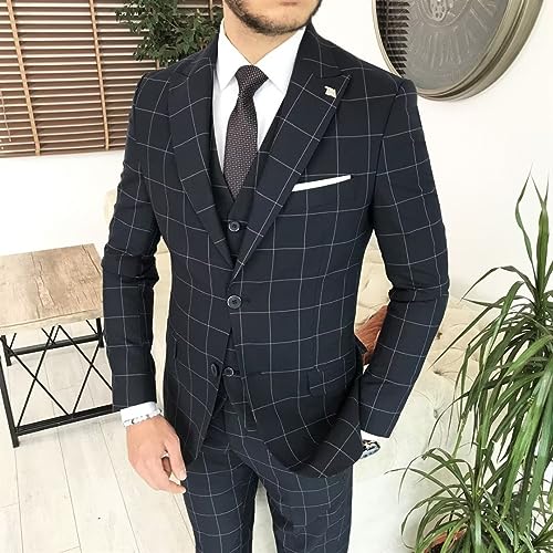 HUUTOE Mens Plaid Suit Checkered 3 Piece Slim Fit Wedding Formal Prom Party Vintage Blazer Jacket Vest Pants Suits Set4