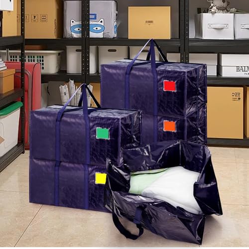 Image of 12 Pack Moving Bags with Full-Open Side Zipper, Extra Large 93L Heavy Duty Waterproof Foldable Storage Totes for College Dorm, Moving & Home OrganizationDarkBlue