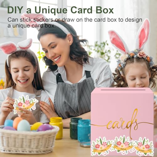 Image of 2 Pack Light Pink Card Box with Gold Foil Design, Paperboard 8.7 inch Card Box for Birthday Wedding Party Graduation Retirement Anniversary Valentine's Day & Baby Showers, Raffle or Money Box