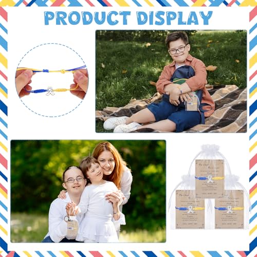 Hicarer 12 Set Down Syndrome Awareness Gifts Blue Yellow Ribbon Bracelet with Health Jewelry Pouch Cards 6