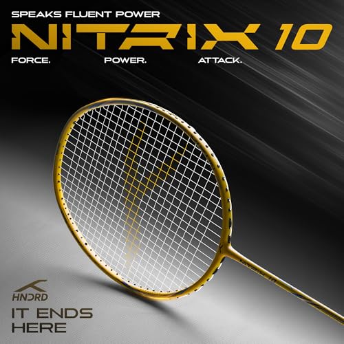 Image of Hundred Nitrix 10 Badminton Racket (Strung) | Carbon Fiber Frame | Head-Heavy Attacking Racket | Flexible Shaft for Powerful Smashes | Max Tension 30 lbs | Full Cover Included
