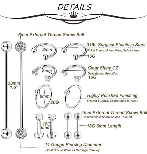 Masedy MASEDY-AP10-A 12Pcs Stainless Steel Industrial Barbell Cartilage Piercing Earrings For Women Men Hoop Helix Tragus Labret Piercing A-Silver thumb #4