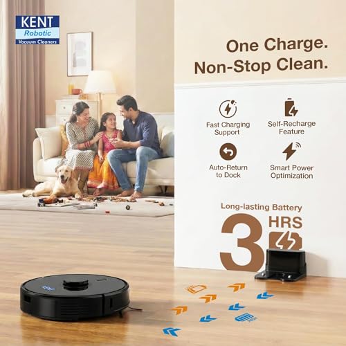 Image of KENT RoboKlean R1 Black 2-in-1 AI Robotic Vacuum Cleaner & Mop, 8500Pa Suction, 5200mAh Battery, 3D Mapping, Laser Navigation, Wet & Dry Cleaning, 260 Minutes Run-Time, Floor & Carpet, Anti Fall