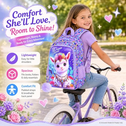 Image of AGSDON 3PCS Alpaca Kids Backpack, 16 inch Large Capacity Elementary Backpacks for Girls, Lightweight Toddler Schoolbag with Lunch Box