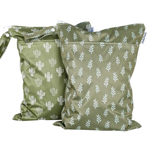 2 pcs/set Wet Dry Bags for Baby Cloth Diapers - Reusable, Washable for Stroller, Diapers, Toiletries, Travel Bags, Beach, Pool, Gym Bag with Two Zippered Pockets 11.8 * 15.7 inch (Green&Cactus)
