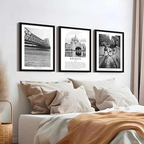 Image of PAINTINGMANTRA Wall Art for Home A3 Kolkata Wall Art Prints Pack of 3 Framed Wall Decor Featuring Heritage Landmarks, Architectural Photography Wall Art for Living Room, Bedroom, Office (32x44 cm)
