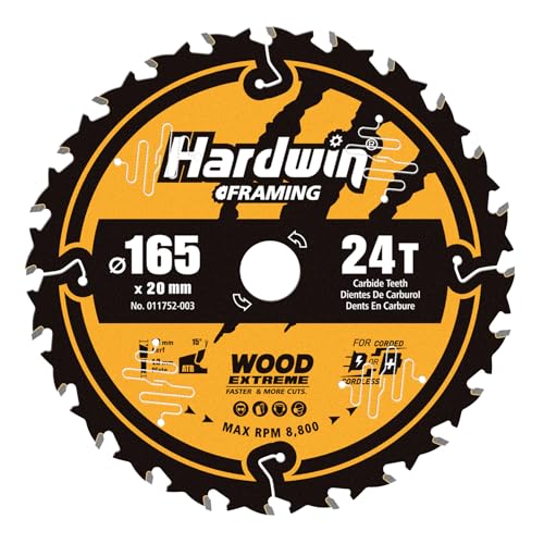 Hardwin 165mm Circular Saw Blade 24T 165 x 20mm Bore (incl. 16mm Ring) TCT Carbide ATB Teeth for Wood Fast Clean Cut Optimised for Cordless Saws Fits Makita & DeWalt