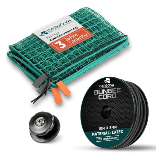 CargoVA® Anhängernetz-Bundle 3x5M + 10m Gummiseil + 20 Rundknöpfe inkl, Schrauben – DEKRA-geprüfte Ladungssicherung mit Expanderseil & Planenknöpfen