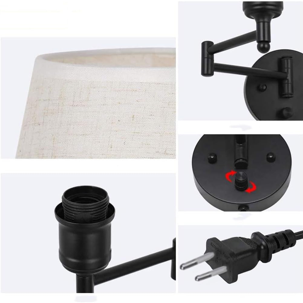 AoLa Wandleuchte Schwarz Metall Vintage Einstellbar Schwenkarm Wandlampe mit Schalter, 1,6 m Kabel mit Stecker, Stoff Schirm, E27 Bettlampe Wand-Leselampe für Wohnzimmer Schlafzimmer Flur,1 Pack