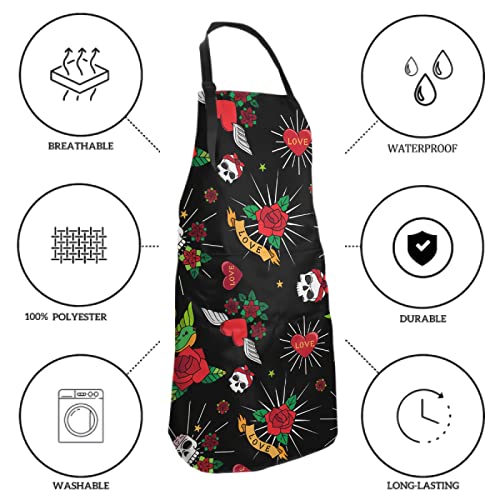 Valentine's Day Old School Tattoo Kitchen Chef Apron-Skull Rose Love Bbq Aprons, Grill Master, Adjustable Cooking Gardening Aprons With Pocket Waterproof #TOP4