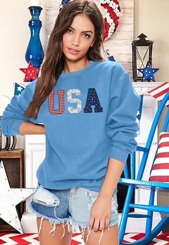 Image of LAZYCHILD USA Sweatshirt Women American Flag Shirt Patriotic TShirt Stars Stripes Pullover 4th of July Tee Tops