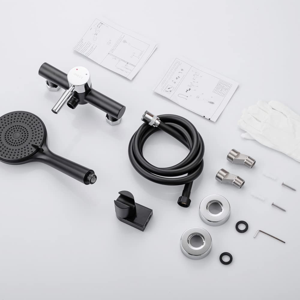 ONECE Rubinetto Doccia a Parete in Ottone Nero, Set Miscelatore Doccia con Doccetta a 3 Modalità Φ12 cm, Temperatura Regolabile, con Supporto e Tubo Flessibile