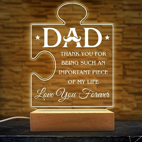 SANDJEST Acrylic Night Light for Dad - Thank You for Being an Important Piece of My Life - Dads Gift from Daughter Son - Gifts for Daddy on Birthday Christmas Valentine