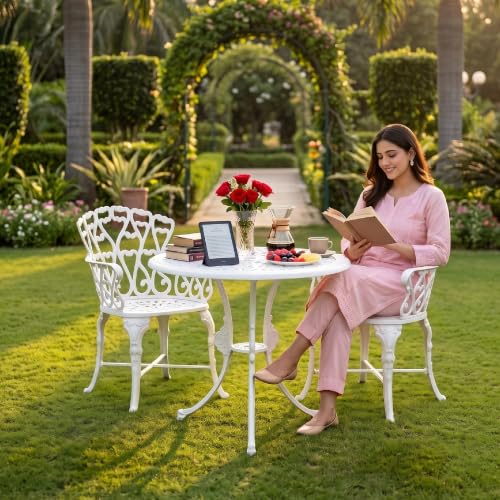 Image of BRISHI Cast Aluminium Garden Patio Seating Chair and Table Set for Balcony Outdoor Furniture with 1 Table and 2 Chair Set (White)