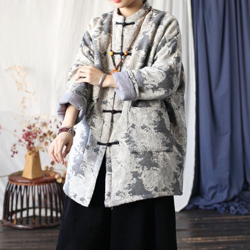 Ystylee Women Chinese Tang Suit Quilted Coat Cotton Linen Jacquard Loose Kimono Cotton Padded Jacket Outwear3