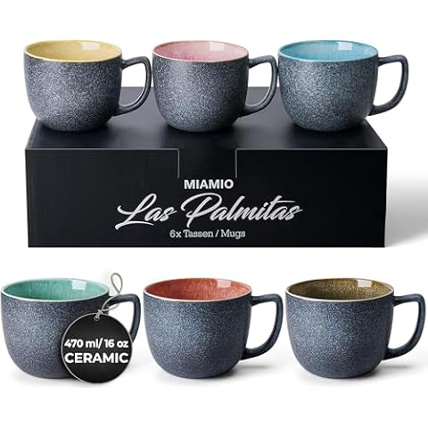 MIAMIO - 6 x 16 oz. coffee cups/mug set/coffee cup large/modern stoneware coffee mugs - Las Palmitas Collection Cover