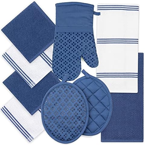 Kitchen Towels Dishcloths Oven Mitts and Pot Holders Set of 9, Oeko-Tex 100% Cotton Terry Dish Towels & Dish Cloths, Non-Slip Silicone, Dark Blue Cover