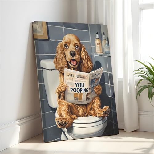 Image of Cocker Spaniel on Toilet Wall Art Print Canvas Wrapped, Dog Bathroom Humor Decor Posters Prints for Restroom Home Picture Painting Artwork Gallery 7 (Cocker Spaniel, 20 inchL x 16 inchW CANVAS, Wrapped Canvas)