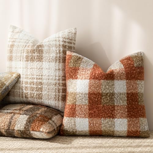 Image of Foindtower Pack of 2 Soft Faux Fur Boucle Throw Decorative Pillow Covers Fuzzy Accent Check Cushion Sherpa Boho Farmhouse Pillowcase for Couch Sofa Bed Living Room Home Decor 20x20 Inch,Burnt Orange