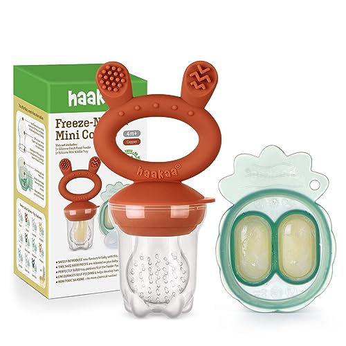 Image of Haakaa Baby Fruit Food Feeder & Mini Freezer Nibble Tray Combo, Breastmilk Popsicle Molds for Baby Cooling Relief, BPA Free Silicone Feeder for Safe Infant Self Feeding, 4 Month+ (Copper)