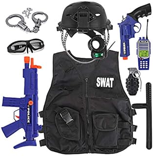 Kids S.W.A.T. Police Officer Costume Deluxe Dress Up Role Play Set with Helmet, Night Vision Monocular, Guns, Accessories (12 Pcs)