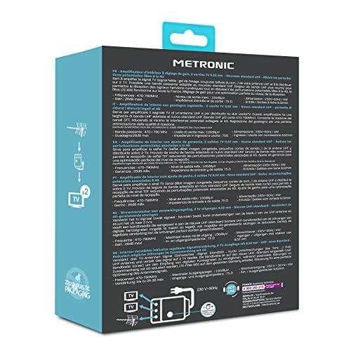 Metronic - 332177, Indoor-TV-Antennenverstärker für DTT-Kanäle, 4G/5G-kompatibel, 26 dB, 2 Ausgänge mit 9,52 mm TV-Buchse, weiß – Bild 6