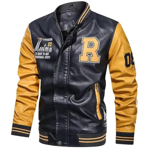 chuida Men's Vintage Stand Faux Leather Jacket Motorcycle PU Jacket Casual Baseball Stand Collar Slim Fit Coat