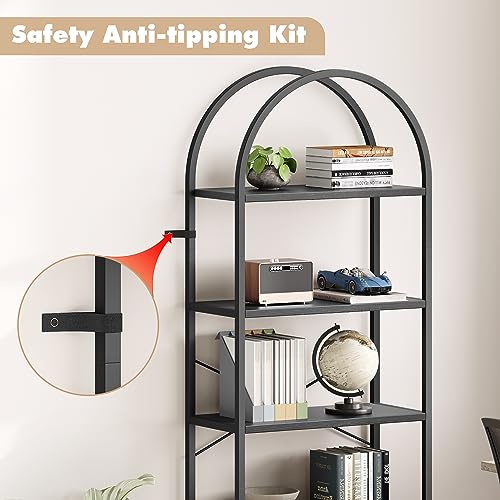 Arched Bookshelf 5 Tier Bookcase Display Racks Tall Bookshelves Modern Storage Rack Shelf Large Wood Book Shelf for Bedroom, Living Room, Home Office (Black)