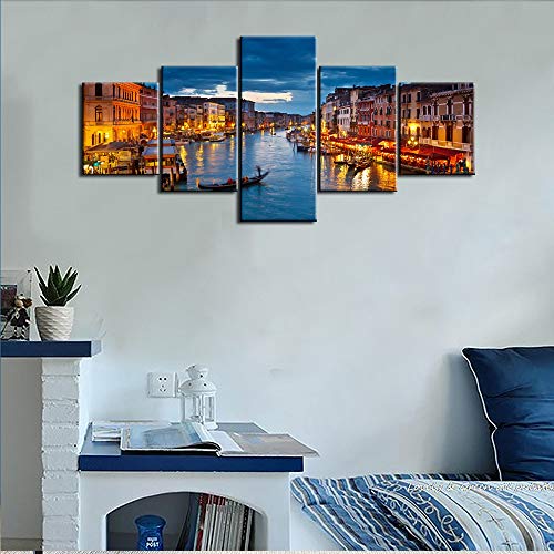 5 Panel Canvas Print Wall Art Painting For Home Decor View On Grand Canal At Night Venice Italy The Basilica Of St Mary Paintings Modern Giclee Stretched And Framed Artwork Ready To Hang - 50"W X 24"H #TOP1