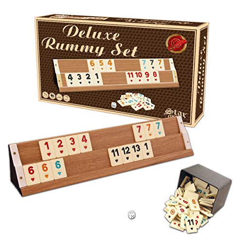Deluxe Ahşap Holz Wooden Rummy Set mit Melamin Steine Echtholz Okey TAKIMI Star Hellbraun Braun Cover