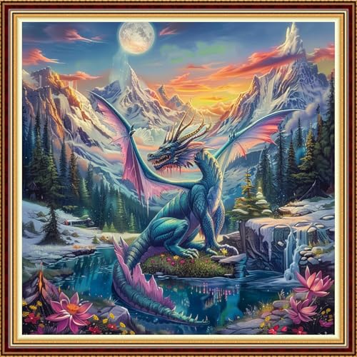Image of Fanxvivy Stamped Counted Cross Stitch Kits for Adults Printed Cross-Stitch Patterns 11CT Stamped or Counted Cross Stitching Embroidery Kit Needlepoint Kits-Blue Wing Dragon Landscape 18x18 inch