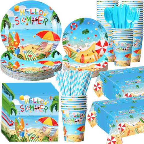 Image of Funnymoom 452 Pcs Hello Summer Plates and Napkins Beach Party Supplies for 50, Summer Beach Cup Tablecloth Cutlery Disposable Tableware for Hawaiian Tropical Luau Ocean Pool Birthday Party Decoration