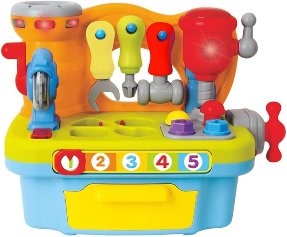 AMERTEER Kids Tool Bench, Stem Educational Toddler Workbench with tools, Shape Sorter, Light & Sound, Interactive Pretend Play Tool Set for Kids, Construction Workbench for Early Development (Age 1-6)