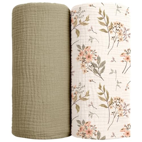 Image of lulumoon Muslin Swaddle Blankets for Baby: Soft Cotton Newborn Receiving Blankets - Floral Print Nursery Gift Set for Baby Girls(Olive Flower)