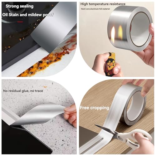 Image of YIZHI Aluminum Foil Tape，Oil-Proof Decorative Sealing Tape，Caulk Strip，1.77inch x 32.8Ft Self Adhesive Waterproof Repair Duct Tape for Bathtub Bathroom Kitchen Sink Basin Edge and Wall Sealing
