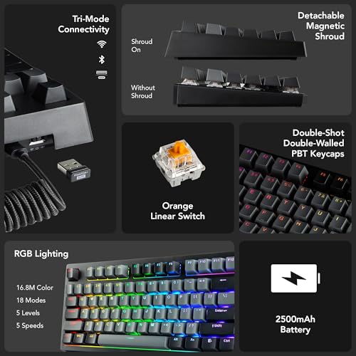 Image of TECWARE Phantom+ Elite 87 Key RGB Mechanical Gaming Keyboard | 3 Mode Wireless Bluetooth 5.0 2.4GHz & USB C Wired | Hot Swappable 5 Pin | Double Shot PBT Keycaps | Wraith Orange Switch - Black