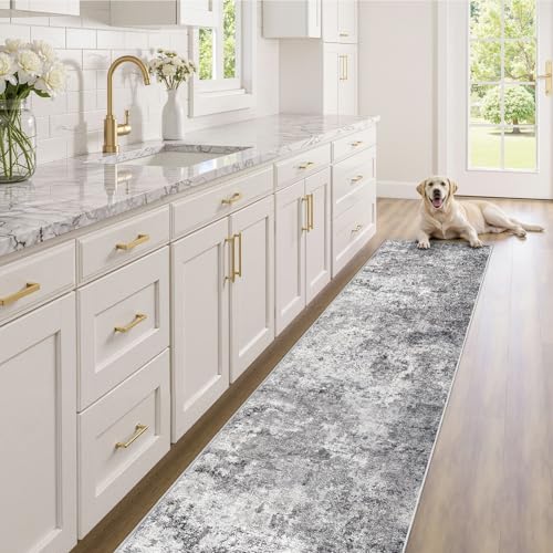 2X8 Washable Runner Rug for Hallway: Soft Neutral Modern Abstract Area Rug - Non-Slip Low Pile Long Throw Indoor Carpet for Kitchen Entryway Kitchen Bedroom Laundry - Grey