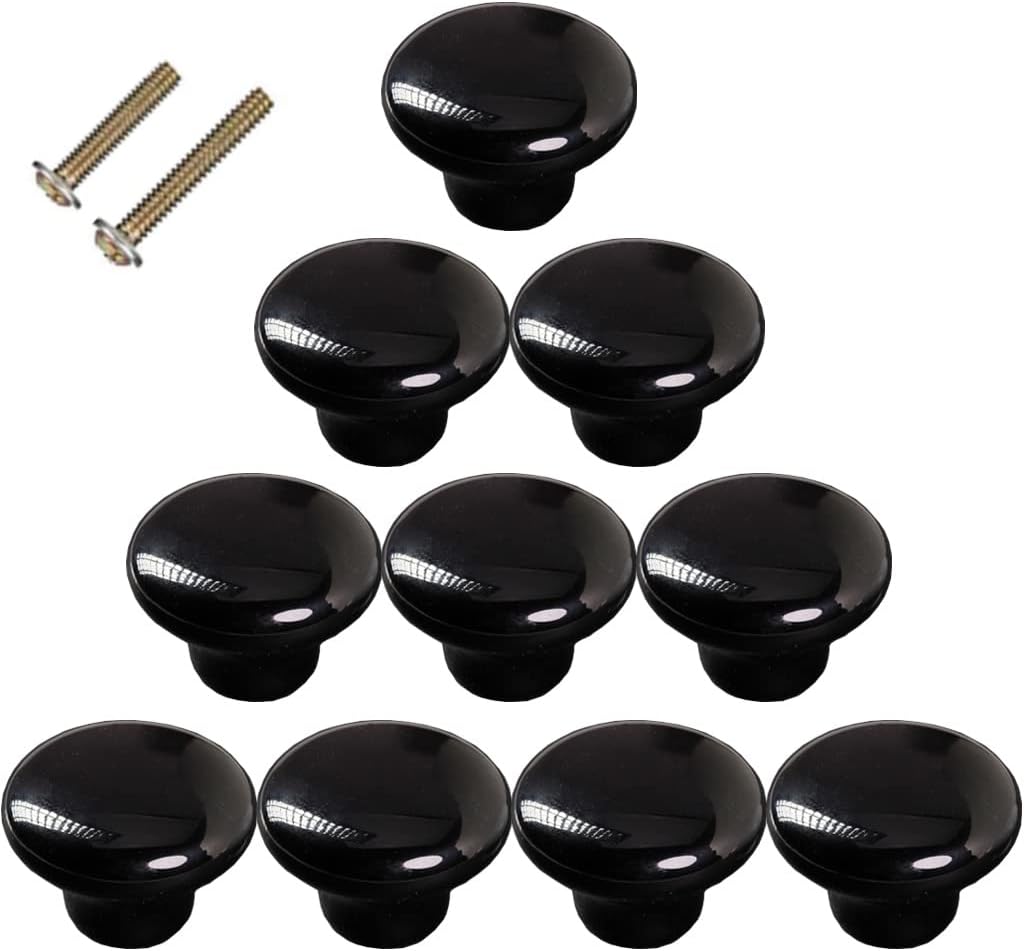 1.5" Large Mushroom Shape Glossy Ceramic Cabinet Knobs, 10Pcs Round Shape Cute Ceramic Drawer Knobs Kids Child Pulls Handles for Dressers Cupboard Wardrobe Dia. 1.5inch (Black, Dia. 1.5")