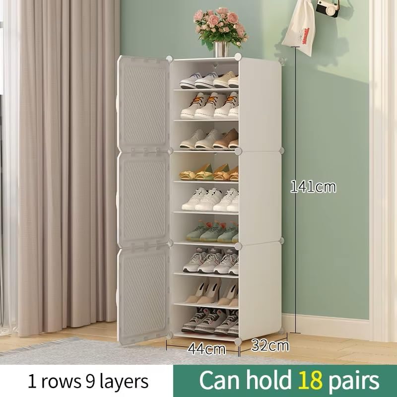 Image of Strassis Design Plastic Shoe Rack for Home | 9 Shelf DIY Shoe Rack with Door Magnets for Home Storage Plastic Box Organizer, Metal Door Frame, Chappal Slipper Sandals Stand (White, 3Door)