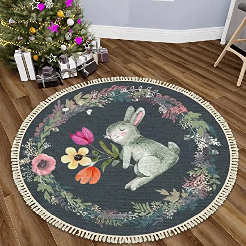 Round Boho Nursery Rug 4 ft Forest Animal Theme Cartoon Carpets Bedroom Decor Botanical Floral Rabbit Cute Area Rug Non Slip Circle Floor Mat for Boys Girls Room Playroom Classroom