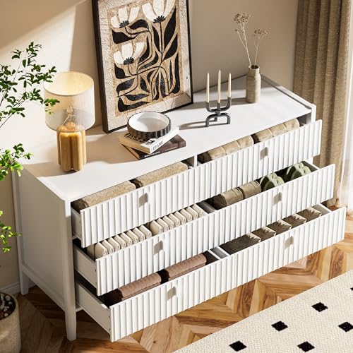 Image of Furniway White 6 Drawer Dresser, Modern Wide Dresser for Bedroom, Fluted Wood Chest of Drawers with Metal Handles for Clothes, Storage Cabinet for Living Room, Entryway, Office