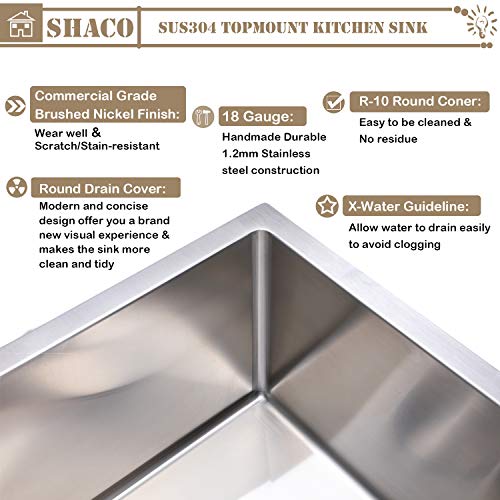 Image of 25x22 Inch Drop In Kitchen Sink, Top Mount 16 Gauge 304 Stainless Steel 8 Inch Deep Drop In RV Laundry Utility Sink, Brushed Nickel Single Bowl Sink Topmount Overmount Sinks with Drain