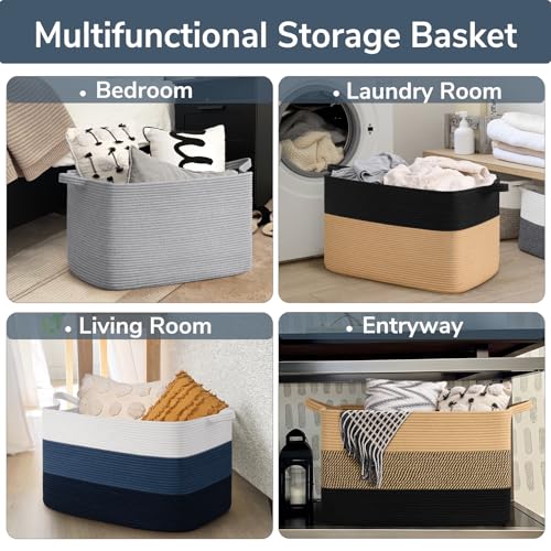 Image of Goodpick 85L Large Blanket Basket 23.6 inch x 15.7 inch x 13.8 inch Cotton Rope Storage Baskets for Organizing, Rectangle Woven Baskets for Storage, Baby Toy Basket for Nursery Bedroom, Blue
