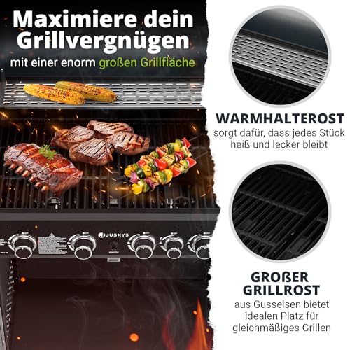 Savannah BBQ Gas Barbecue - 4 Burners and 1 Side Burner - XXL Steel Gas Grill with Cast Iron Cooking Grate, Hob, Base Cabinet for Gas Bottle