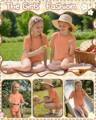 Image of Oakgarden Girls 2 Piece Outfits School Clothes | Back to School, Travel, Summer, Casual Sets, Athletic, Short Sleeve Top, Bike Shorts, Tween, Trendy, Matching Clothing, 5-14Y