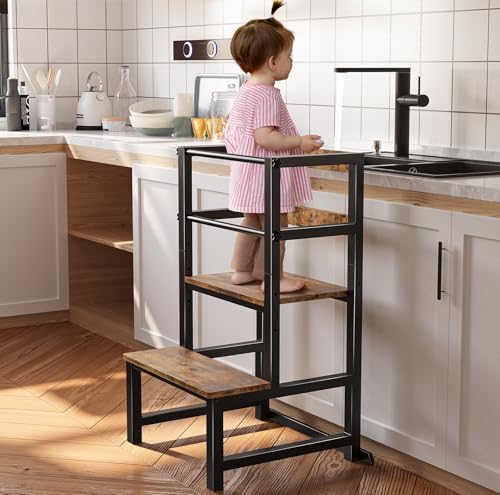 Comparison: Best Kitchen Helper For Toddlers 11 INNOD Kitchen Step Stool for Toddlers, Height Adjustable Toddler Tower with Safety Rail, Steel and Wood Toddler Kitchen Stool Helper Kids, Stool for Kids, Learning Tower, Kids' Desk Brown